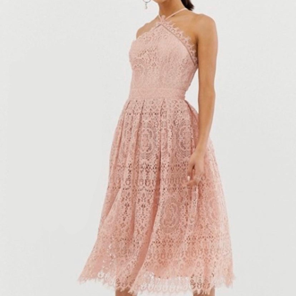 Pink lace formal midi dress